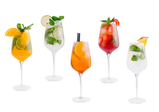 istock Five colorful cocktails with fruit and mint standing on white background 2173273863