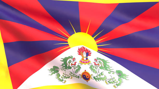 Tibetan prayer flags on a huge wooden pole. A prayer flag is a colorful rectangular cloth, often found strung along mountain ridges, passes and peaks high in the Himalayas. They are used to bless the surrounding countryside and for other purposes.