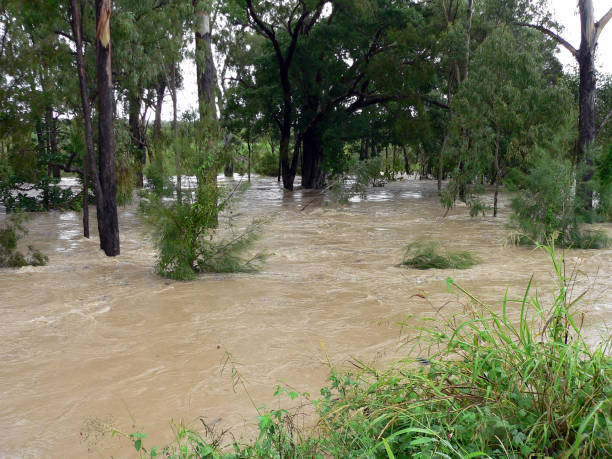 Rapid flow of dirty river after flood. Pedestrian bridge over the river.