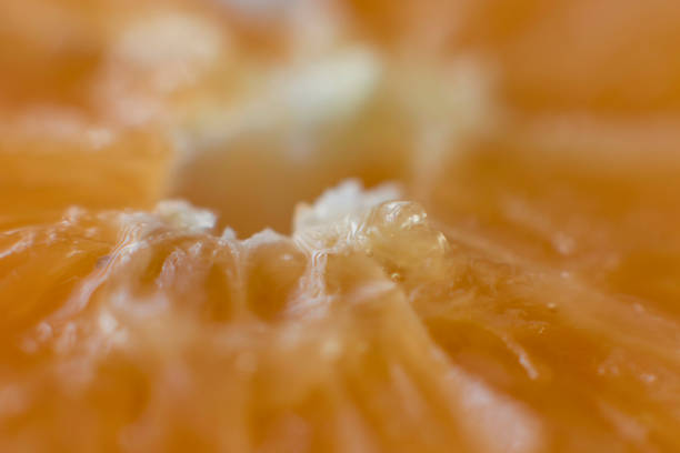 Macro detail of orange slice in detail with lots of flavor, dirty orange