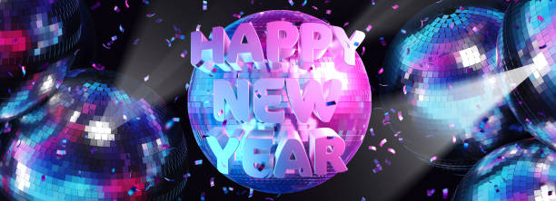2025 greeting card on disco music theme with mirror balls