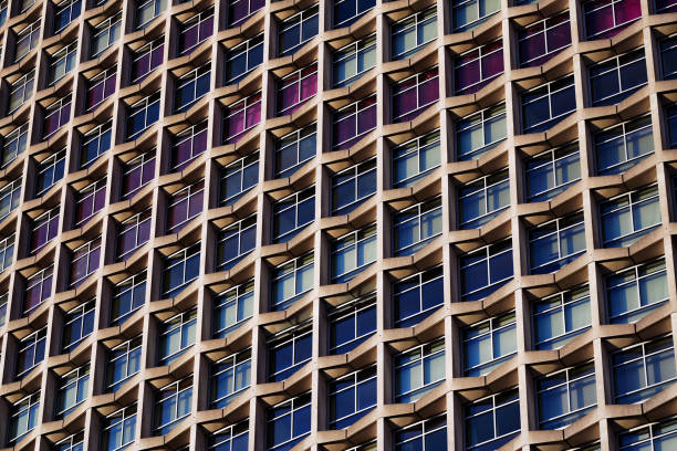 Iconic brutalist architectural design Facade of Centre Point Tower, a High-Rise Building at Tottenham Court Road and New Oxford Street in Central London, England, United Kingdom