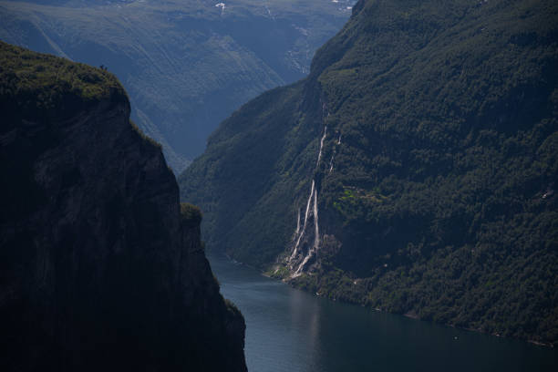 Aerial view overlooking the Geiranger Fjord and the Seven Sisters Waterfall in northern Norway.