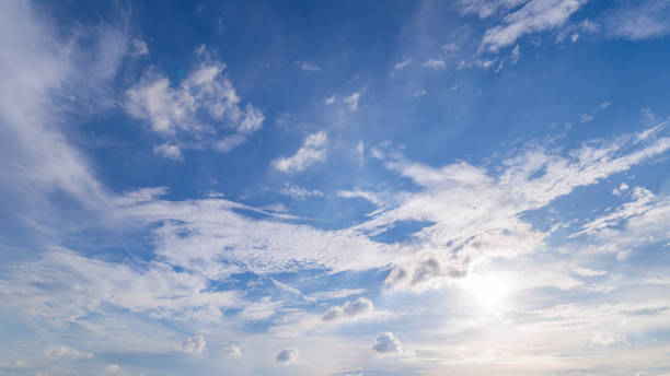 istock Panoramic view of clear blue sky and clouds, Blue sky background with tiny clouds. White fluffy clouds in the blue sky. Captivating stock photo featuring the mesmerizing beauty of the sky and clouds. 2173285965