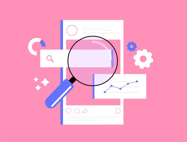 stockillustraties, clipart, cartoons en iconen met social media seo - boost visibility and attract more users. social media optimization content, alt text to posts, using seo relevant hashtags. descriptive captions with keywords. vector illustration - houten paal