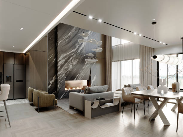 istock Luxurious living and dining space with dark marble fireplace, elegant lighting, textured beige seating, and open-plan design, combining modern elements with natural materials 2173294299