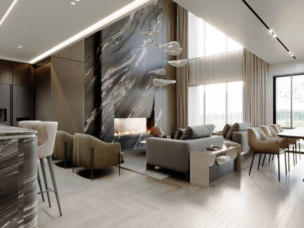 istock Luxurious living and dining space with dark marble fireplace, elegant lighting, textured beige seating, and open-plan design, combining modern elements with natural materials 2173294320