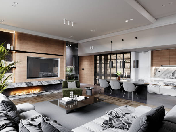 istock Spacious and Elegant Open-Plan Living Area with Natural Elements and Modern Design Accents 2173294485