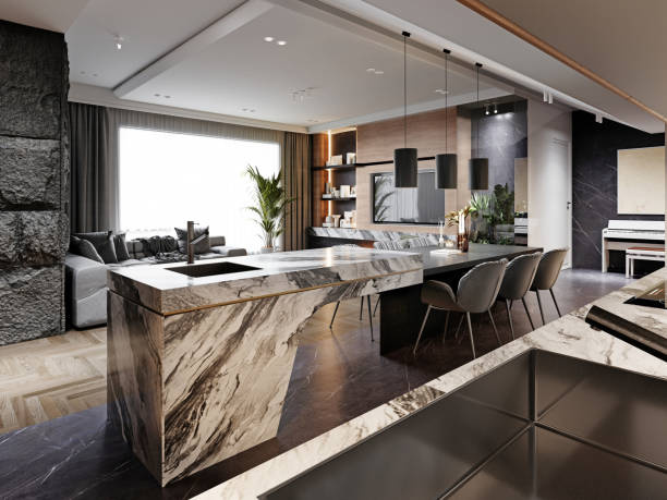 istock Modern open-plan kitchen and living area with marble island, textured stone accent walls, and minimalist furnishings, creating a seamless and dynamic living space 2173294589