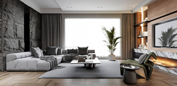 istock Luxurious living room with a modern aesthetic, featuring a large sofa, marble fireplace, and natural light through wide windows. Elegant and inviting ambiance. 2173294594