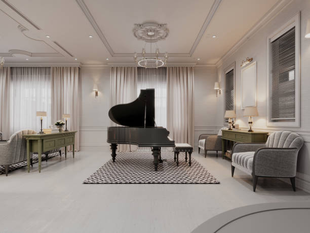 Spacious living room with a grand piano, elegant furniture, and soft lighting. Classic design elements with neutral tones create a refined and serene ambiance. Spacious living room with a grand piano, elegant furniture, and soft lighting. Classic design elements with neutral tones create a refined and serene ambiance. 3D rendering, 3D illustration. expensive grand piano stock pictures, royalty-free photos & images