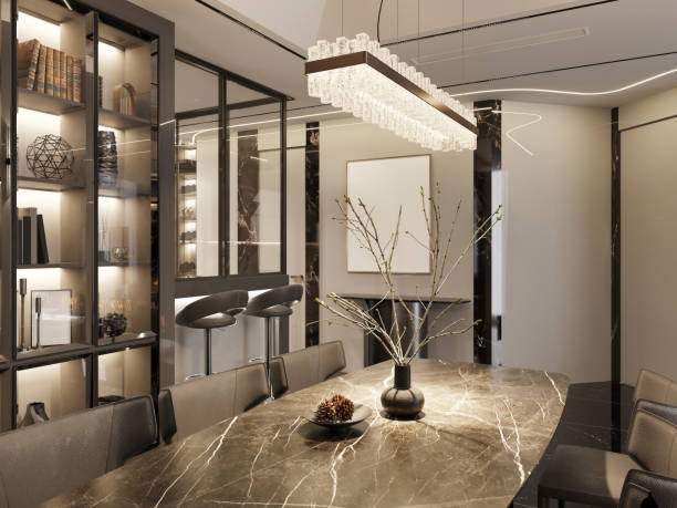 Contemporary dining area with a marble table, glass shelving, and a statement chandelier. Warm lighting and sleek design elements create an elegant and modern ambiance.