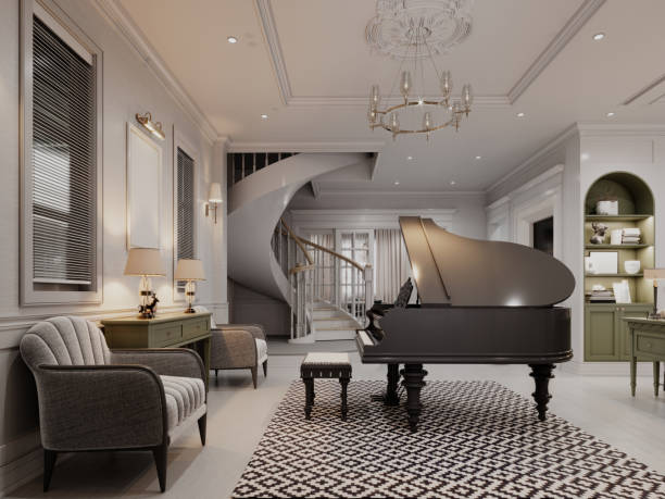Sophisticated living area with a grand piano, spiral staircase, and elegant decor. Classic interior design featuring luxurious details and a warm, inviting ambiance. Sophisticated living area with a grand piano, spiral staircase, and elegant decor. Classic interior design featuring luxurious details and a warm, inviting ambiance. 3D rendering, 3D illustration. expensive grand piano stock pictures, royalty-free photos & images