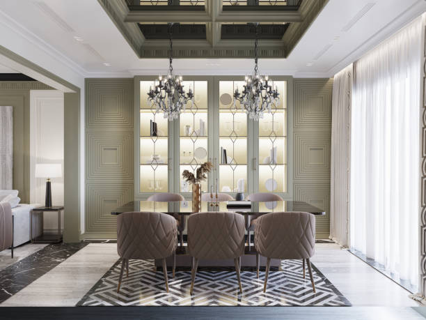 istock Stylish dining area with upholstered chairs, intricate chandeliers, and illuminated display cabinets. The blend of classic and contemporary elements creates a sophisticated, inviting atmosphere. 2173295096