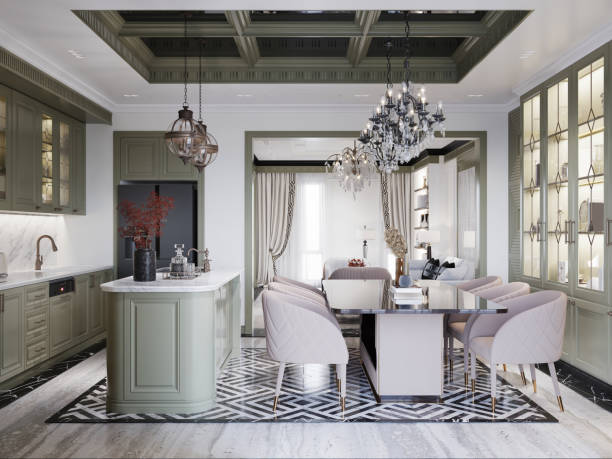 istock Stylish dining area with upholstered chairs, intricate chandeliers, and illuminated display cabinets. The blend of classic and contemporary elements creates a sophisticated, inviting atmosphere. 2173295097