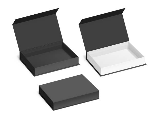 Black box with magnetic close. Vector illustration isolated on white background. Taking your 2D designs into 3D. Can be use for gift box, luxury, cosmetics, electronics and other goods. EPS10. cardboard box mockup stock illustrations