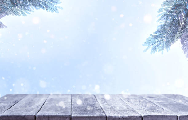 istock Frozen tree branches in winter with an white empty wooden table in the foreground 2173297085