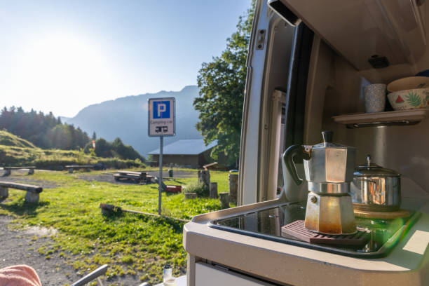 istock Morning Coffee Brewing in Camper Van with Scenic View 2173300386
