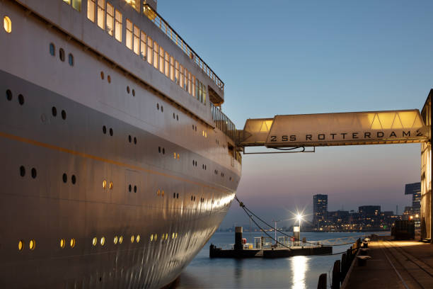 Rotterdam, Netherlands  September 19, 2024: Footbridge to the aft deck of ship the SS Rotterdam at dusk