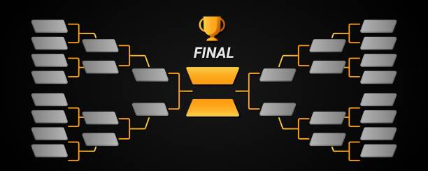 istock =Tournament chart structure with golden cup and gray squares. Sport leadership bracket. 2173303754