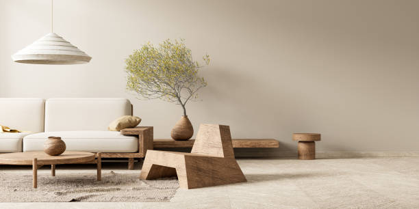 istock Empty wall mock up in boho style decorated livinig room. Light modern Interior design of living room with wooden furnitures. 3D illustration 2173318025