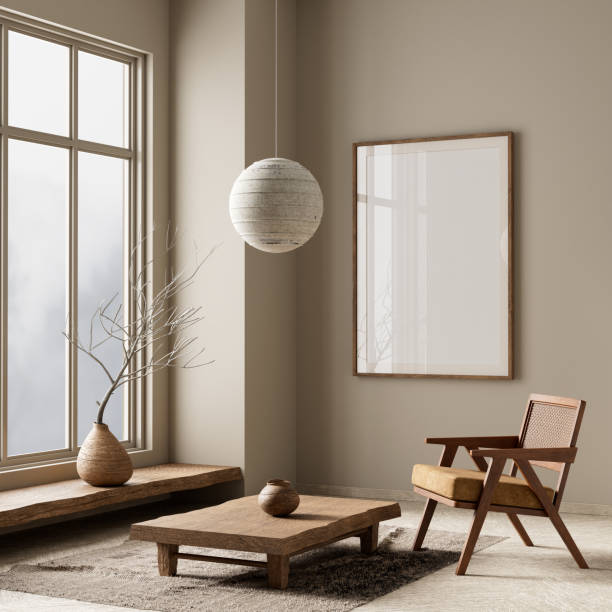 istock Mock up poster frame in boho style decorated livinig room. Light modern Interior design of living room with wooden furnitures. 3D illustration 2173318355