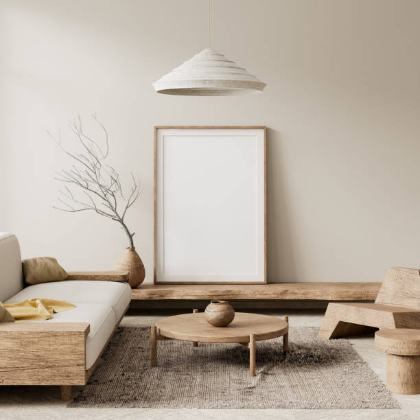 istock Mock up poster frame in boho style decorated livinig room. Light modern Interior design of living room with wooden furnitures. 3D illustration 2173318361