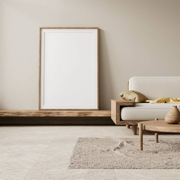 istock Mock up poster frame in boho style decorated livinig room. Light modern Interior design of living room with wooden furnitures. 3D illustration 2173318618