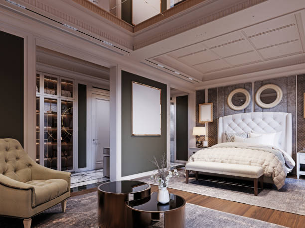 istock Elegant bedroom with a tufted headboard, quilted bedding, dual round mirrors, soft lighting, and floor-to-ceiling drapes creating a luxurious and inviting atmosphere. 2173327547