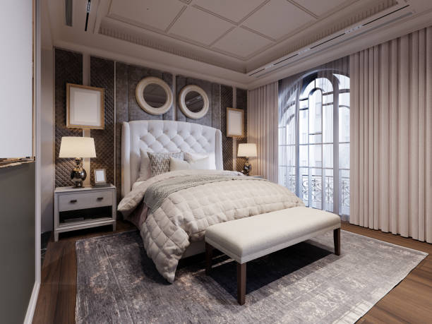 istock Luxurious bedroom with tufted headboard, quilted bedding, and soft ambient lighting. Elegant textures and classic decor create a serene, sophisticated retreat. 2173328664