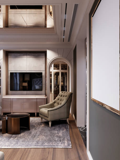 istock Chic interior corner featuring an arched doorway, plush armchair, and sleek media console, combining modern and classic elements for a timeless, cozy atmosphere. 2173329198
