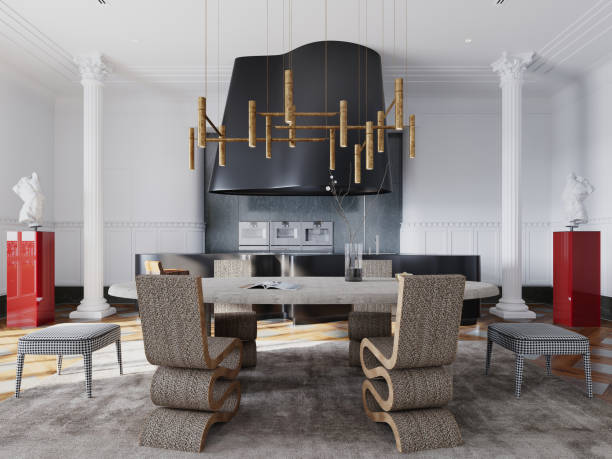 Eclectic dining room with sculptural chairs, brass chandelier, and bold decor. Striking mix of textures and modern art elements create a unique, luxurious ambiance.
