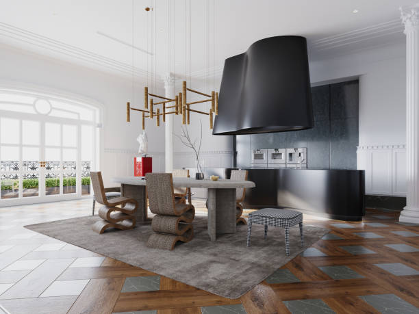 istock Elegant dining area with sculptural chairs, brass chandelier, and large windows. Modern design with contrasting materials and textures. 2173330193
