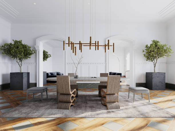 istock Spacious dining room featuring sculptural chairs, brass chandelier, potted trees, and intricate flooring. A blend of modern and classic design elements. 2173330293