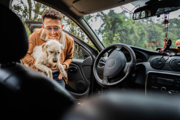 istock Young man getting into the car with dog 2173344784