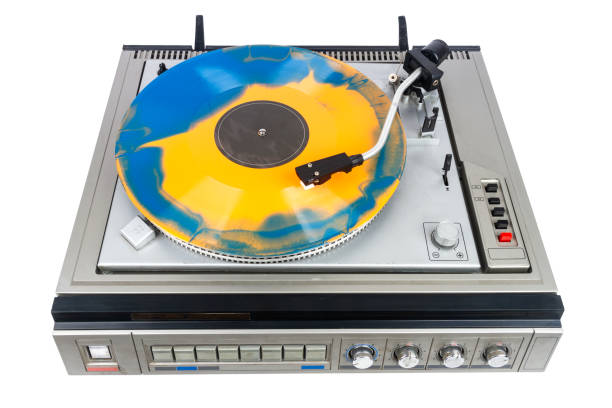 istock Vintage turntable record player with blue and orange vinyl 2173345263