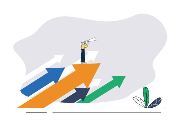 istock The white-collar worker stands on the arrow with a telescope and looks into the distance. 2173346880
