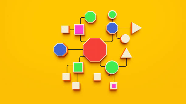 istock Workflow Diagram and Procedures Represented by Connected Geometric Shapes on a Yellow Background. 3D Render. 2173352882