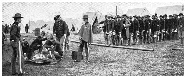 istock Antique image: National guard cadet recruitment military camp, in line for rations 2173353153