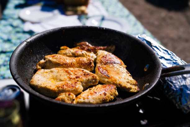 Seared Chicken Cutlet Hot in Sauté Pan - Marinated and seasoned chicken sautéed in pan. Closeup detail of crispy sear on meat surface glistening in bright light. Outdoor picnic barbecue.