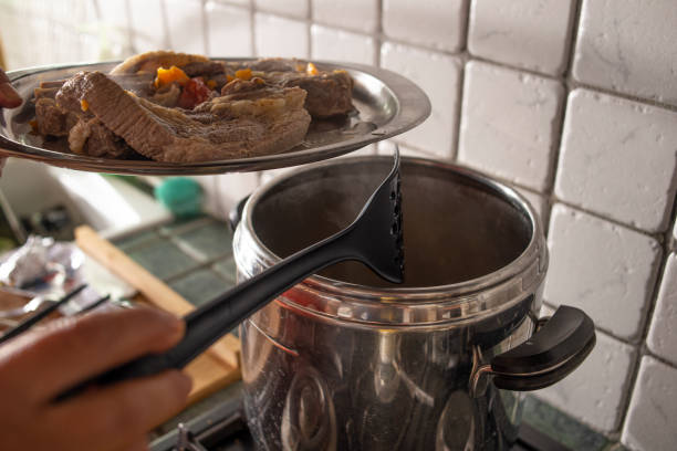 Pans at domestic kitchen