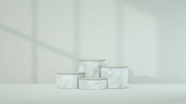 istock 3d render, natural hexagon podium concept, mockup, template, stone podium display in wall shadow background. Scene for product display. Realistic podium Illustration. 2173381796