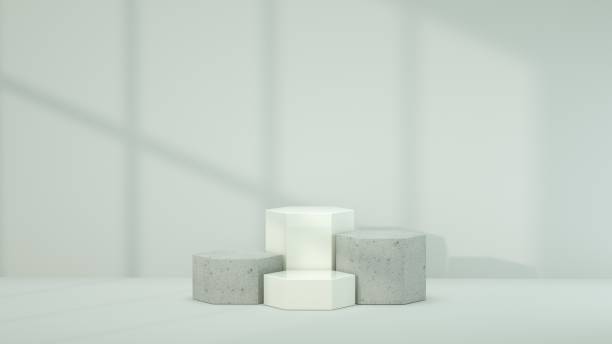 istock 3d render, natural hexagon podium concept, mockup, template, stone podium display in wall shadow background. Scene for product display. Realistic podium Illustration. 2173381804