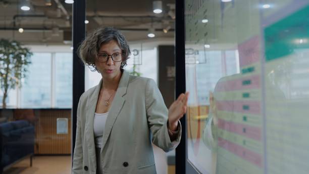 Presentations are power for communication to reinforce your message with Sequencing phrases and a Conclusion. Businesswomen present the new strategy on graphical screens
