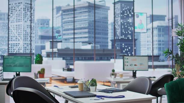 istock Empty well equipped business office with computers used in recruitment process 2173390208