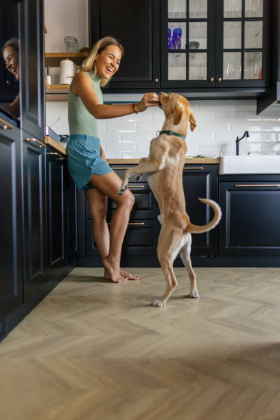 istock Woman and her dog in the kitchen 2173396038