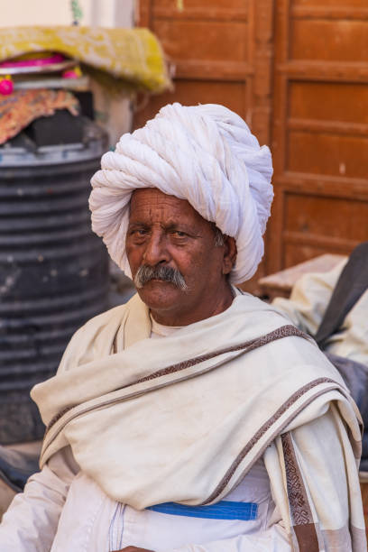 Pushkar, Rajasthan, India. November 7, 2022. Senior man in a white turban in Pushkar.