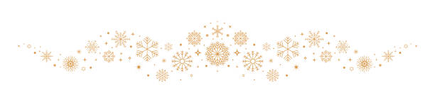 Gold snowflakes and stars border frame isolated on transparent background. Sparkles, stars, snowflakes border. Christmas banner. Gold snowflakes wave dot particles isolated on transparent background. Seamless pattern for New Year invitation, gritting card. Vector illustration christmas decoration stock illustrations