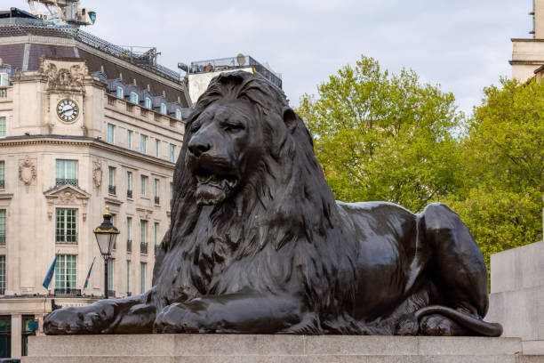 istock Trafalgar square lion at Nelson column, London, UK 2173398461