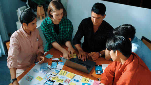 istock Top view of business people brainstorming idea by using mind map. Convocation. 2173403013